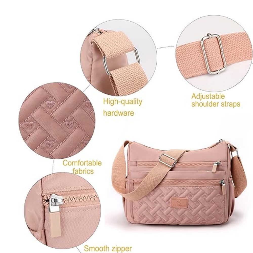 Raistyw Women's Nylon Shoulder Bag, Multiple Pockets Crossbody Purse Lightweight Handbags for Travel, Office, Pink