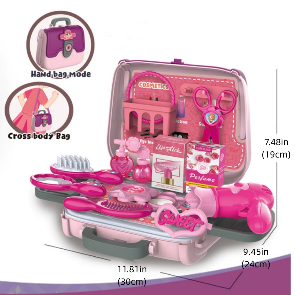 Pretend Play Vanity Set with Carrying Case ,24 PCS Kids Makeup Kit Toys Beauty Cosmetic and Jewellery Set with Hairdryer, Mirror & Other Accessories, Christmas Birthday Gifts for Little Girl