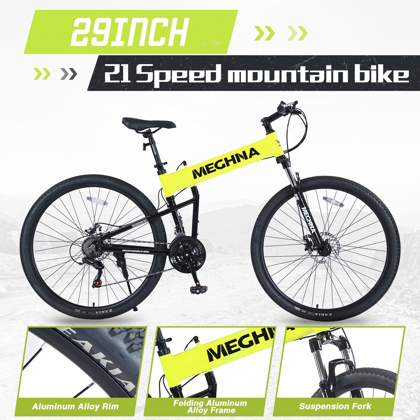29" Folding Mountain Bike 21 Speeds Adults Bike Aluminium Alloy Frame Men's Bike with Suspension Fork, Yellow