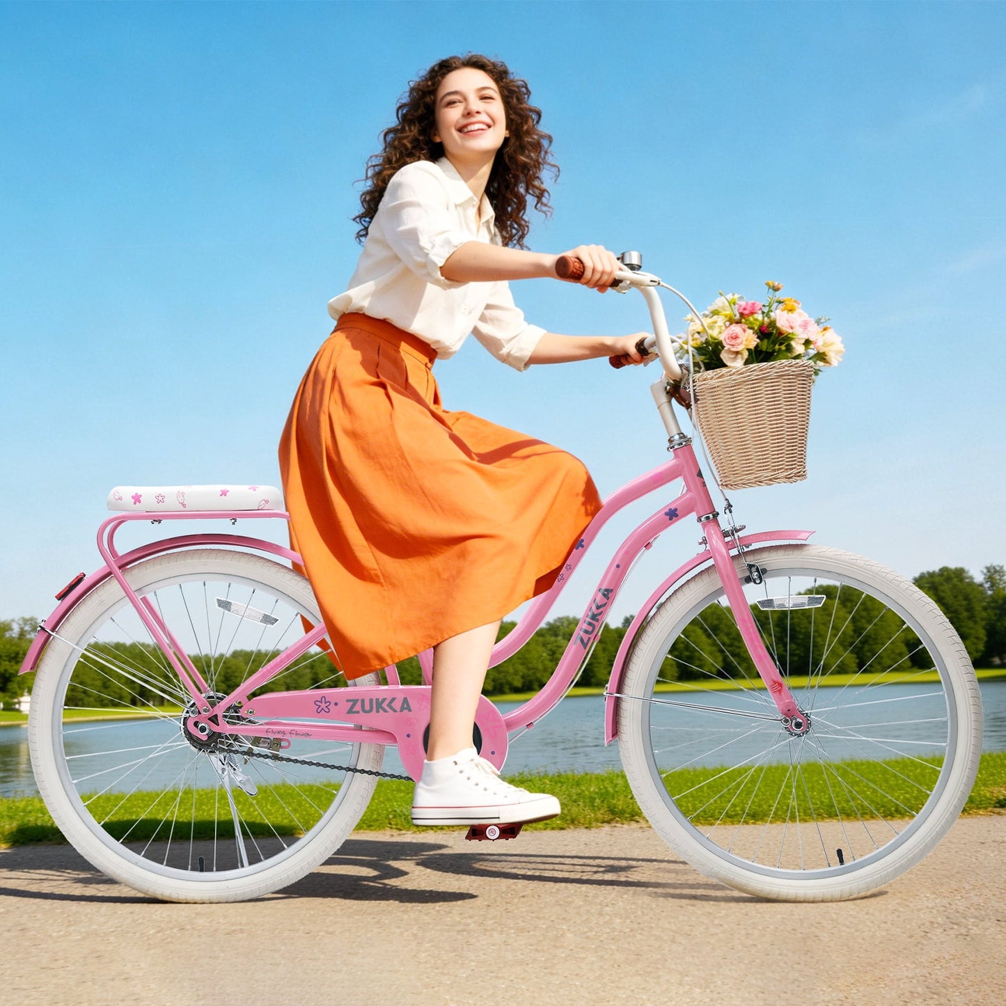 Tyethy Women Bike 24" Single Speed City Comfort Bicycle with Basket for 14+ , Pink