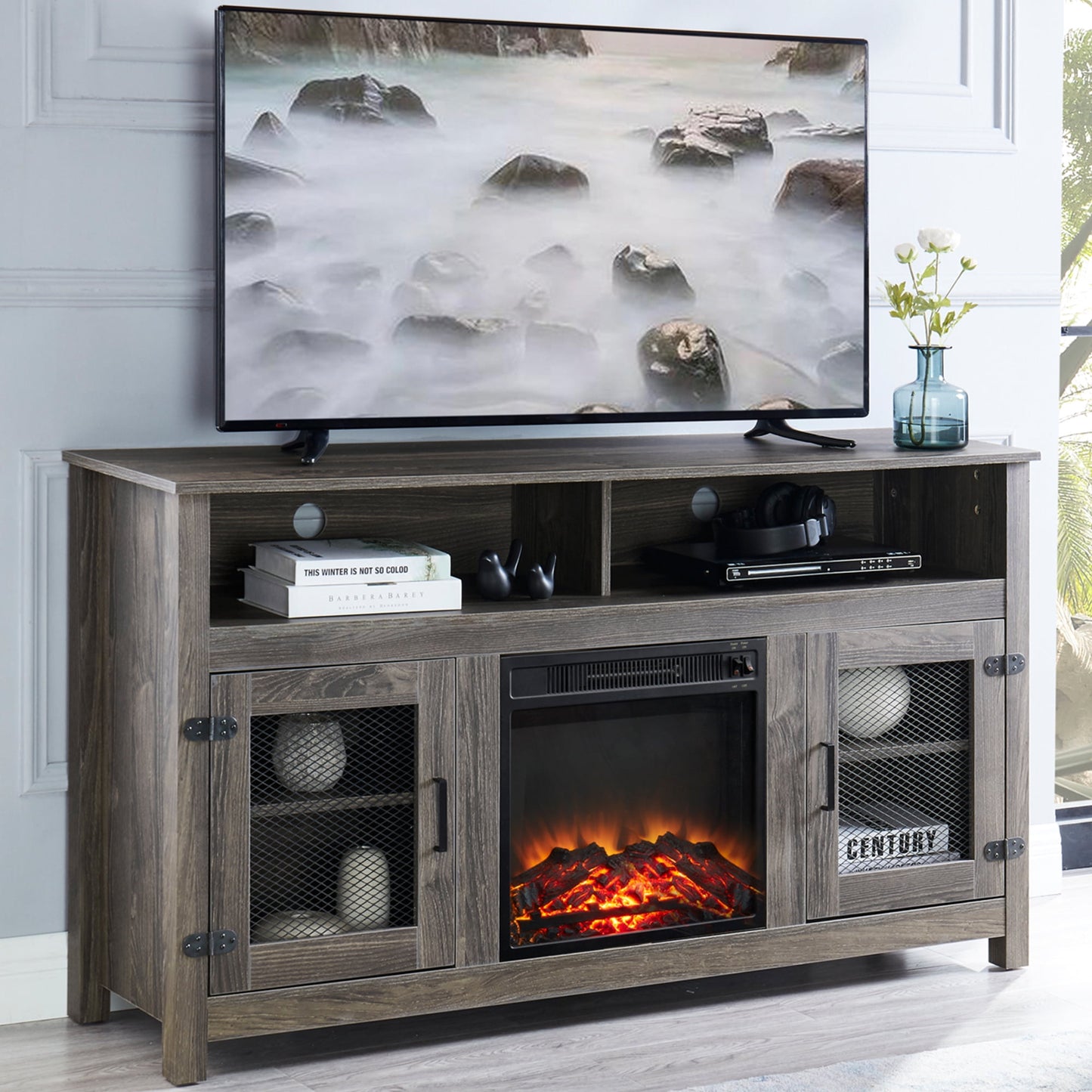 Fireplace TV Stand for TVs up to 65", Modern Farmhouse Entertainment Center with Electric Fireplace Inserts Storage Cabinet and Adjustable Shelves for Living Room, Gray