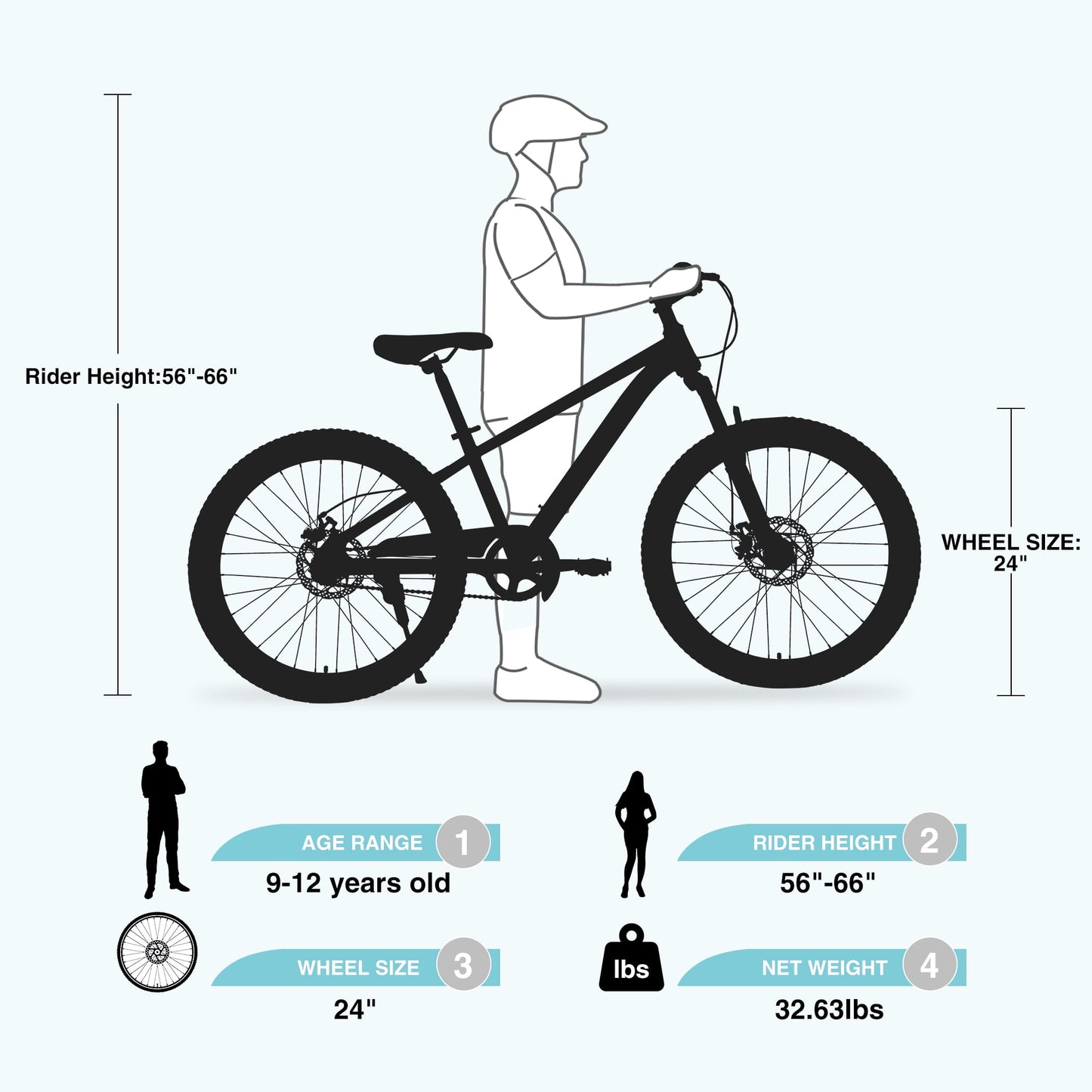Tyethy 24" Mountain Bike for Girls, Steel Frame Kids MTB Children Bicycle for Boys Age 9-12, Cyan