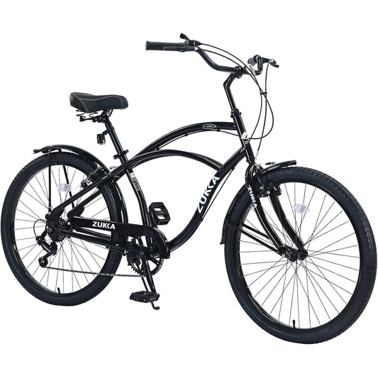 26" Cruiser Bike for Men Women Shimano 7 Speed Steel Frame Adults Bicycle with Dual Brakes, Black
