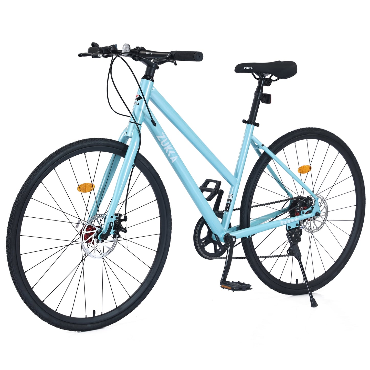 700C Hybrid Bikes 7 Speeds Steel Frame Road Bike Adult City Bicycle with Dual Disc Brakes for Men Women, Light Blue