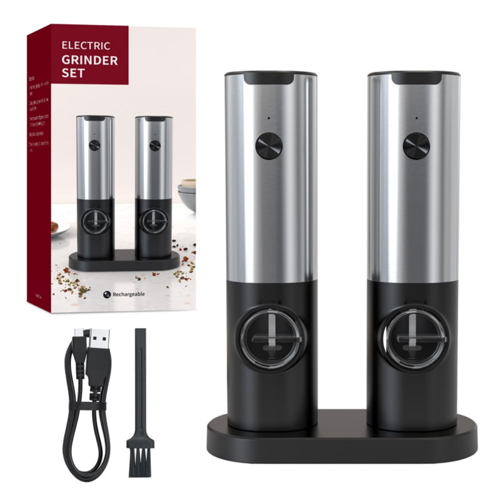 Electric Salt and Pepper Grinder Set with Charging Base, USB rechargeable 2 Pack Adjustable Coarseness Automatic Electronic Spice Mill Shakers with LED Light