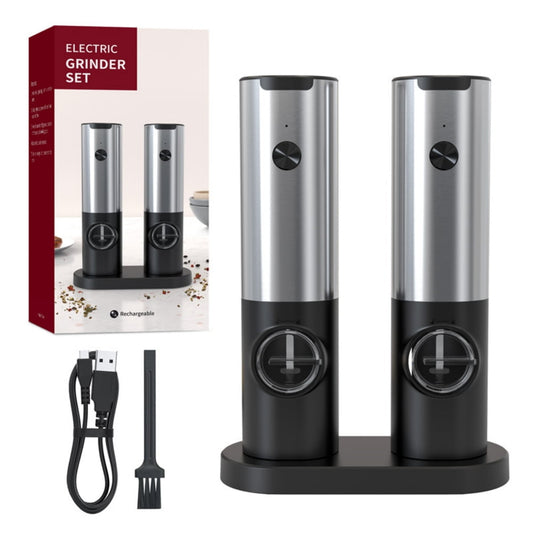 Electric Salt and Pepper Grinder Set with Charging Base, USB rechargeable 2 Pack Adjustable Coarseness Automatic Electronic Spice Mill Shakers with LED Light