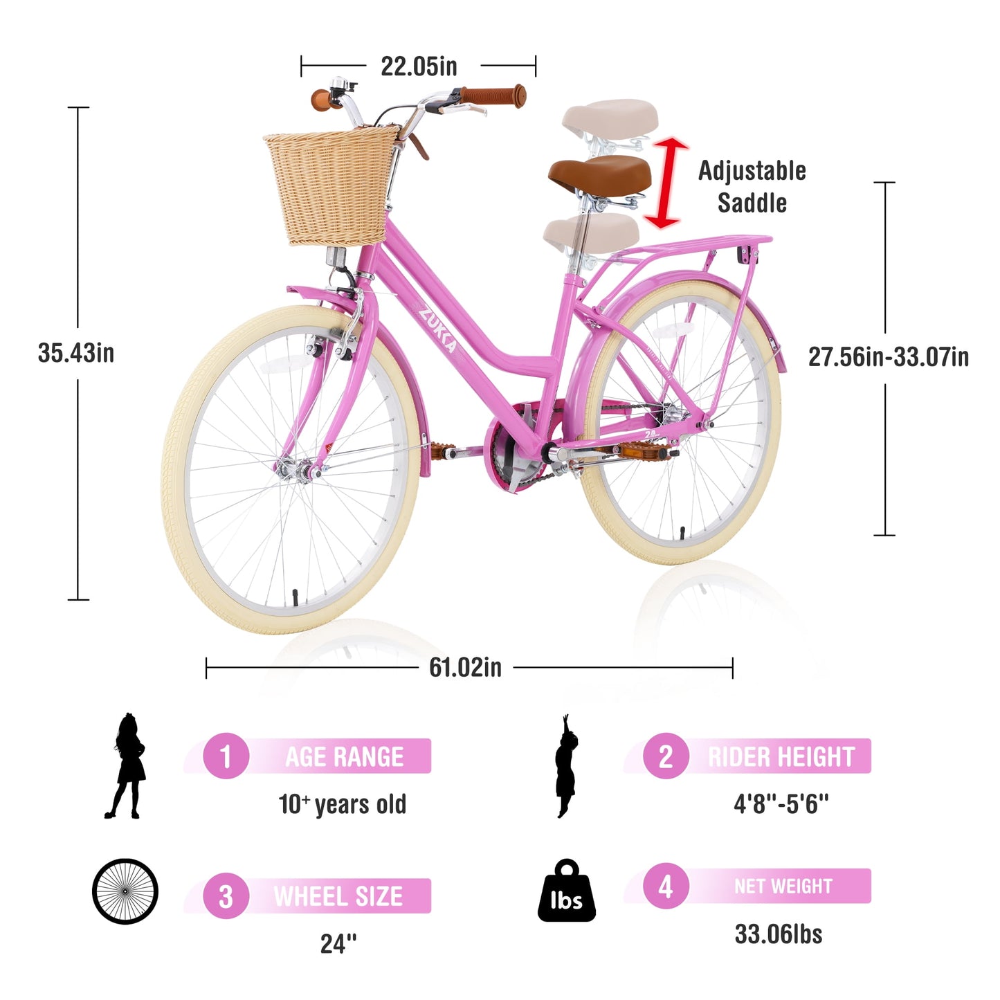 Girls Bike 24" Kids Bike with Basket, Singel Speed Steel Frame Cruiser Bike Commuter City Bicycle for Girls Women, Yellow