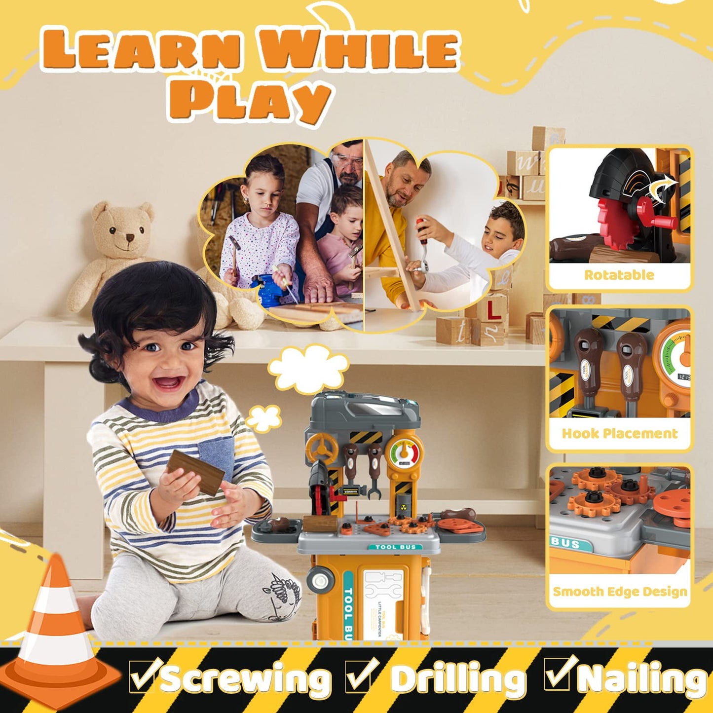 Kids Tool Set Pretend Play Tool Toy for Boys, Construction Workbench with Tool Box for Toddlers Kids Ages 3+, 39 Pcs