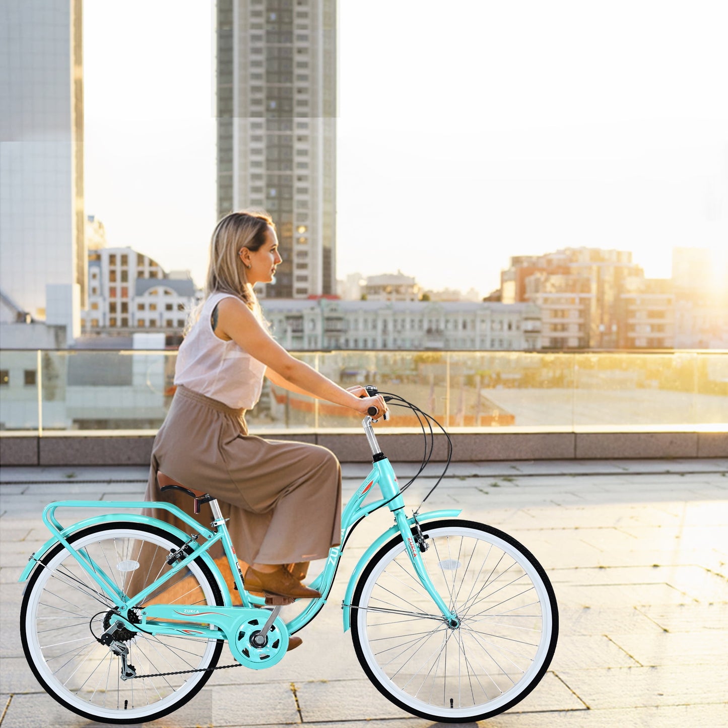 Women's Bike 24 Inch Adult Cruiser Bicycle Shimano 7 Speeds Steel Frame City Commuter Bike for Ladies, Blue Green