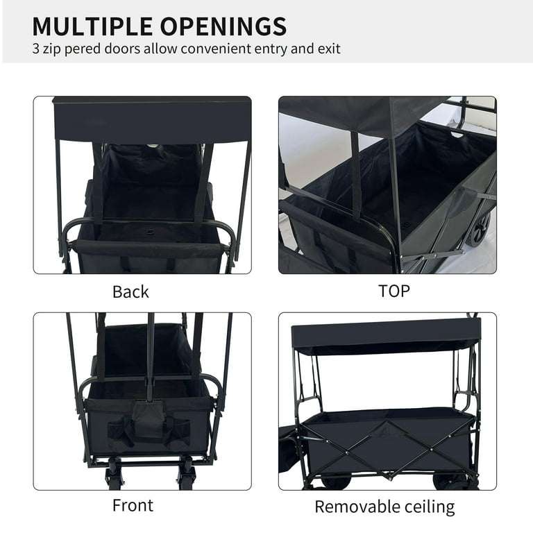 Collapsible Folding Wagon Outdoor Utility Wagon with Canopy ans Storage Basket, Push Pull Beach Wagon Cart for Camping, Garden, and Sports, Navy Blue