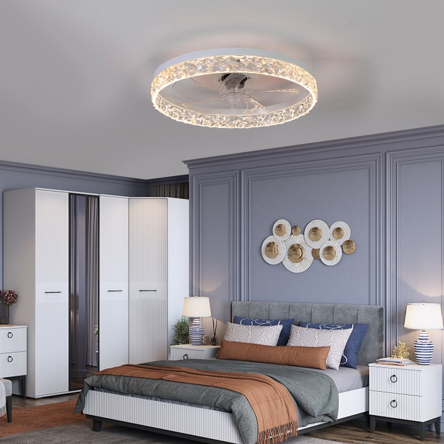 Baprem Ceiling Fan with Light Remote Controls Dimmable LED Chandelier 6-Speeds Quiet Flush Mount Ceiling Fan for Living Room Bedroom Dining Room