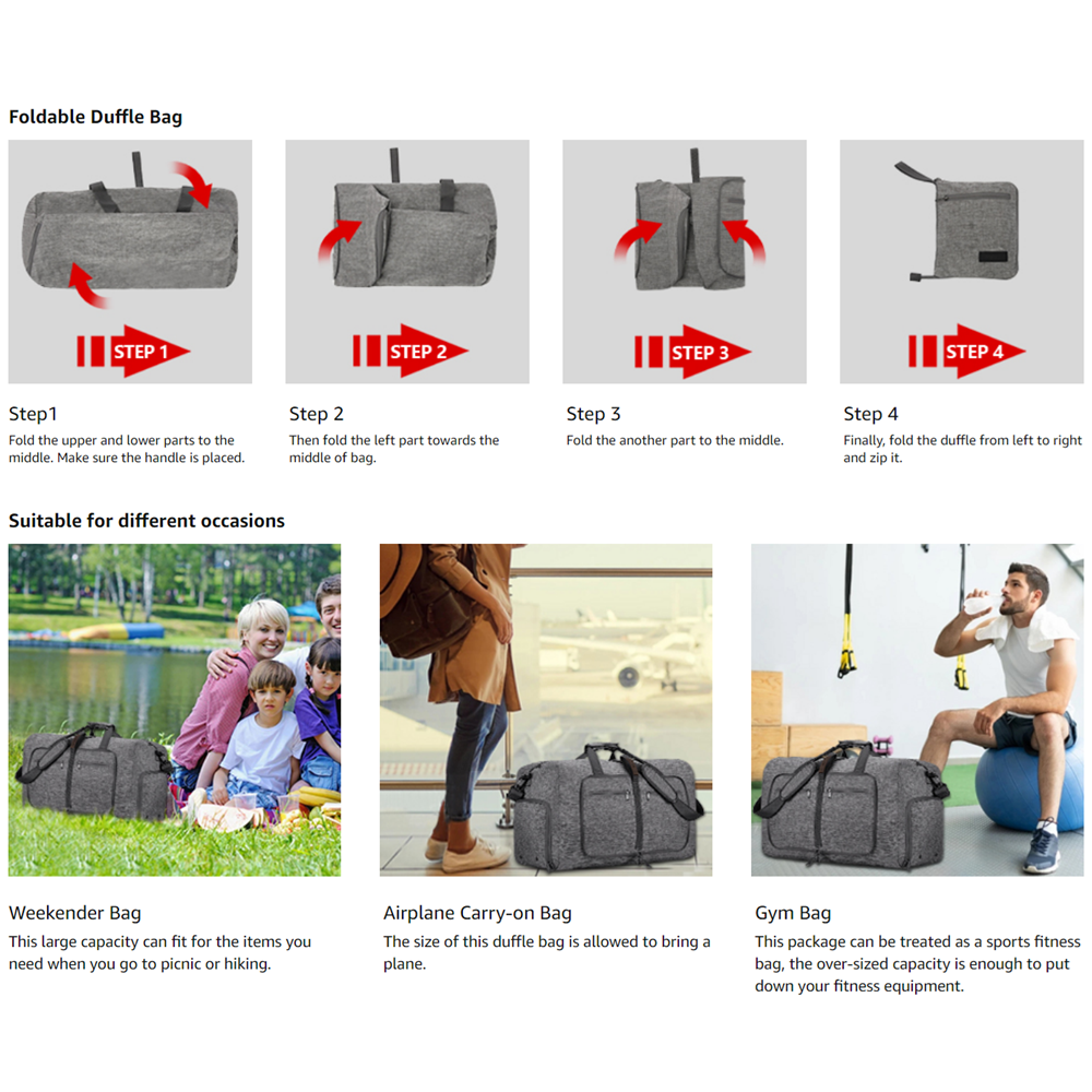 Travel Duffle Bag for Men, 65L Foldable Travel Bag with Shoes Compartment Overnight Weekender Bag Sports Tote Gym Bag for Men Women, Gray
