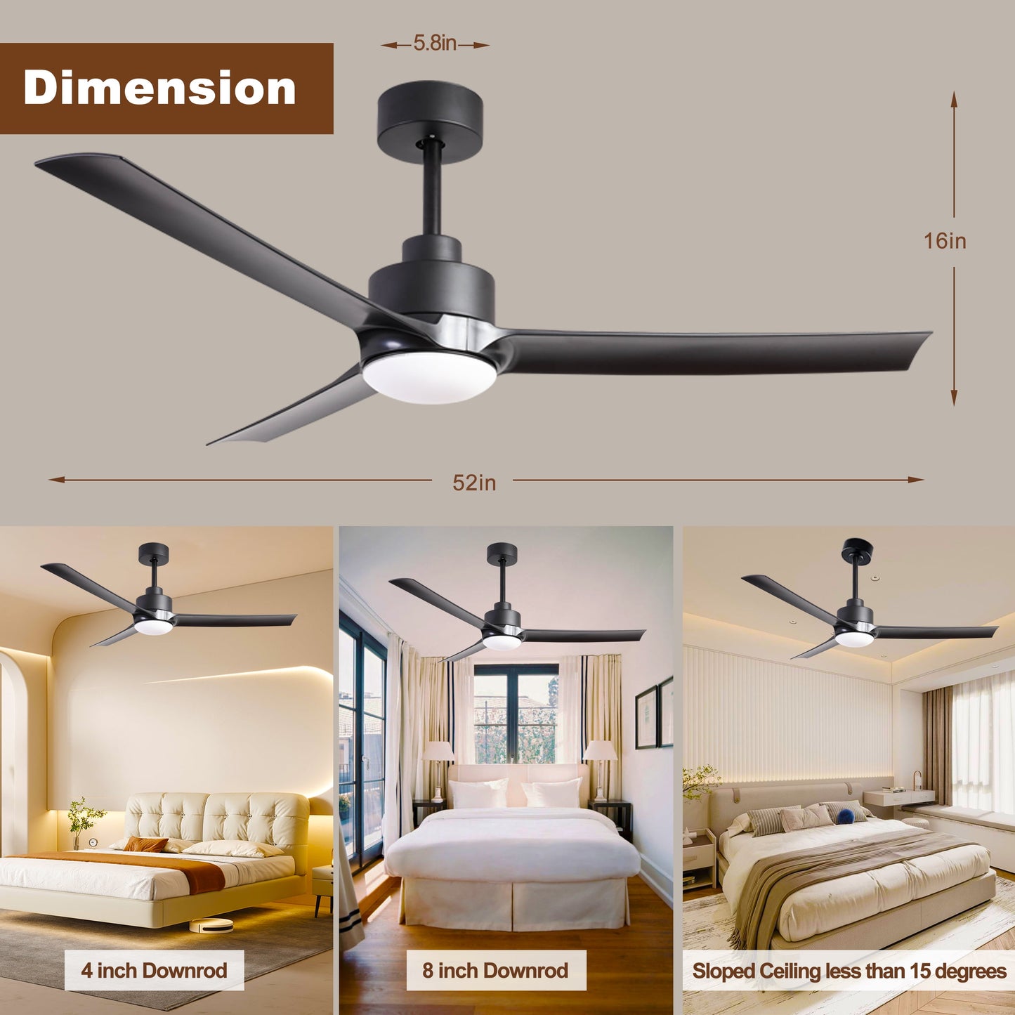 Ceiling Fans with Lights and Remote, 52" Outdoor Modern Black Ceiling Fan for Patio Farmhouse Bedroom