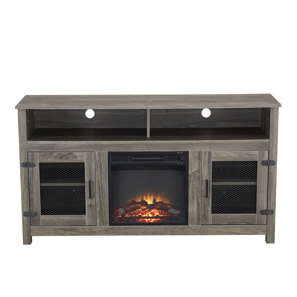 Fireplace TV Stand for TVs up to 65", Modern Farmhouse Entertainment Center with Electric Fireplace Inserts Storage Cabinet and Adjustable Shelves for Living Room, Gray