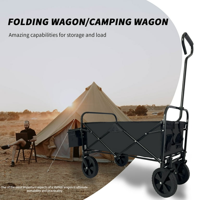 Collapsible Folding Wagon Outdoor Utility Wagon with Canopy ans Storage Basket, Push Pull Beach Wagon Cart for Camping, Garden, and Sports, Navy Blue