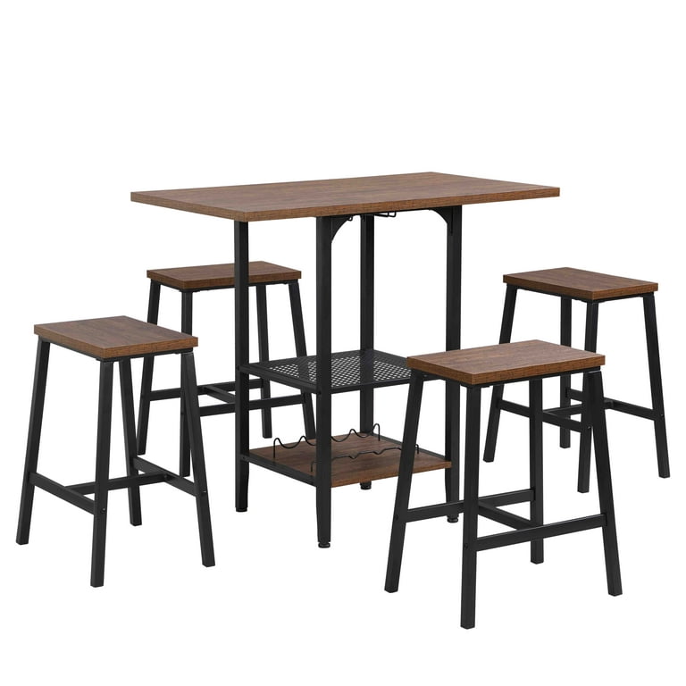 5 Piece Bar Table and Chairs Set with Storage Shelves, Counter Height Dining Table Set with 4 Stools for Kitchen Breakfast, Living Room, Rustic Brown
