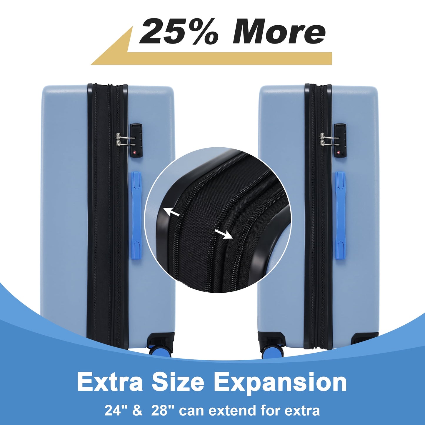 3 Piece Hardside Luggage Set with Spinner, TSA Lock , 20" 24' 28" ,Blue-gray Contrast Color