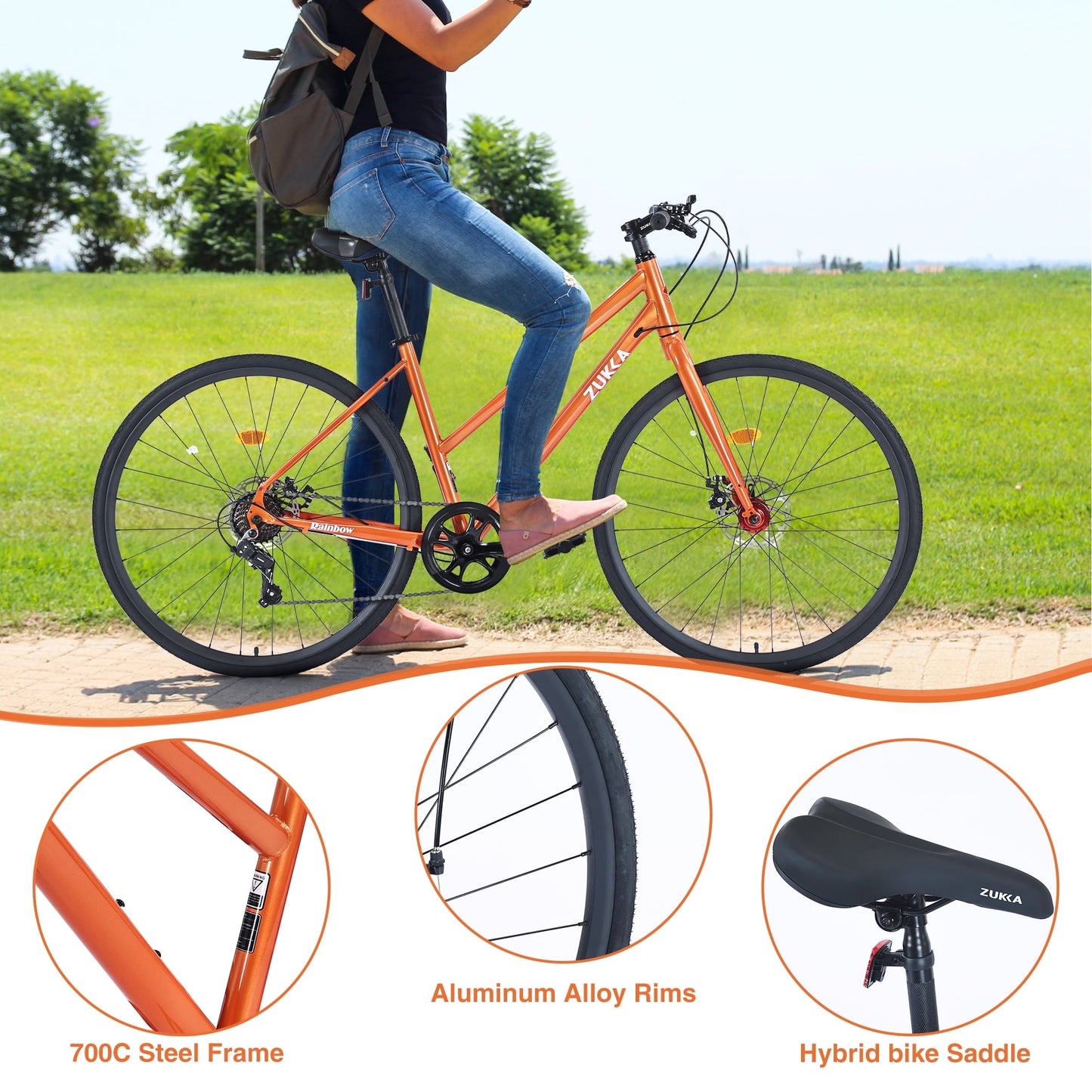 700C Hybrid Bikes Adults Road Bike 7 Speeds Steel Frame City Bicycle with Disc Brake for Men Women, Orange