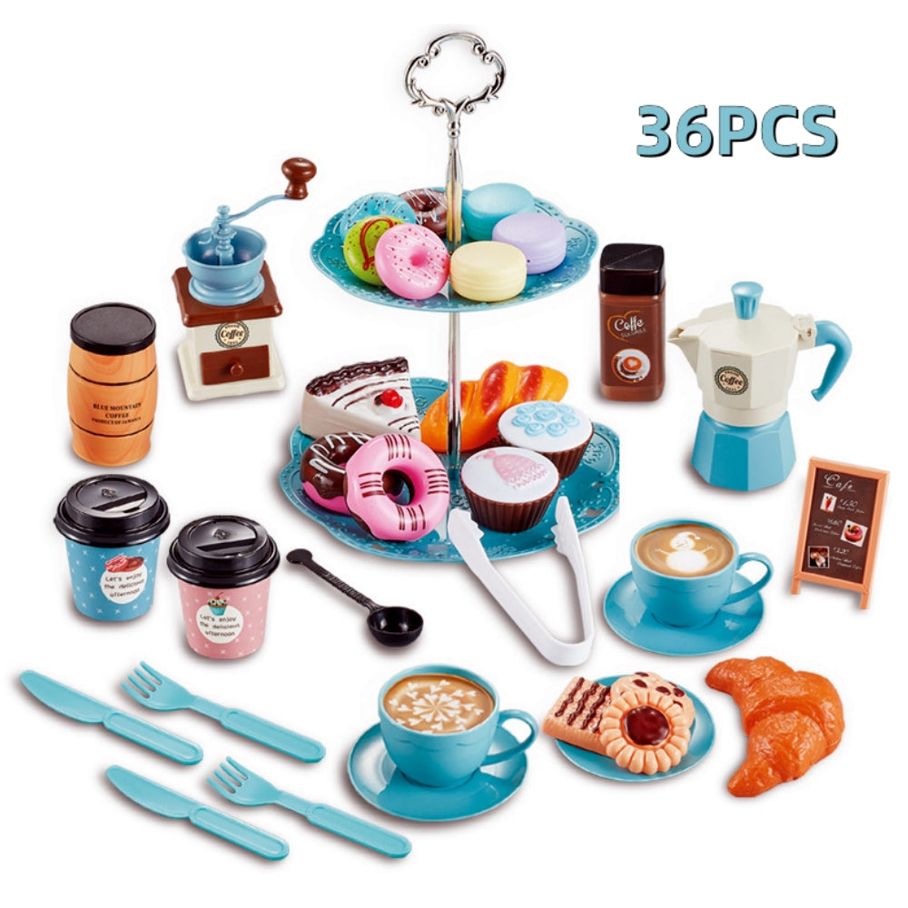 Tea Party Set for Little Girls, Tea Set with Cake Stand and Dessert Play Food for Kids, Including Coffee, Dessert, Cookies, Play Kitchen Accessories, 36 Pcs