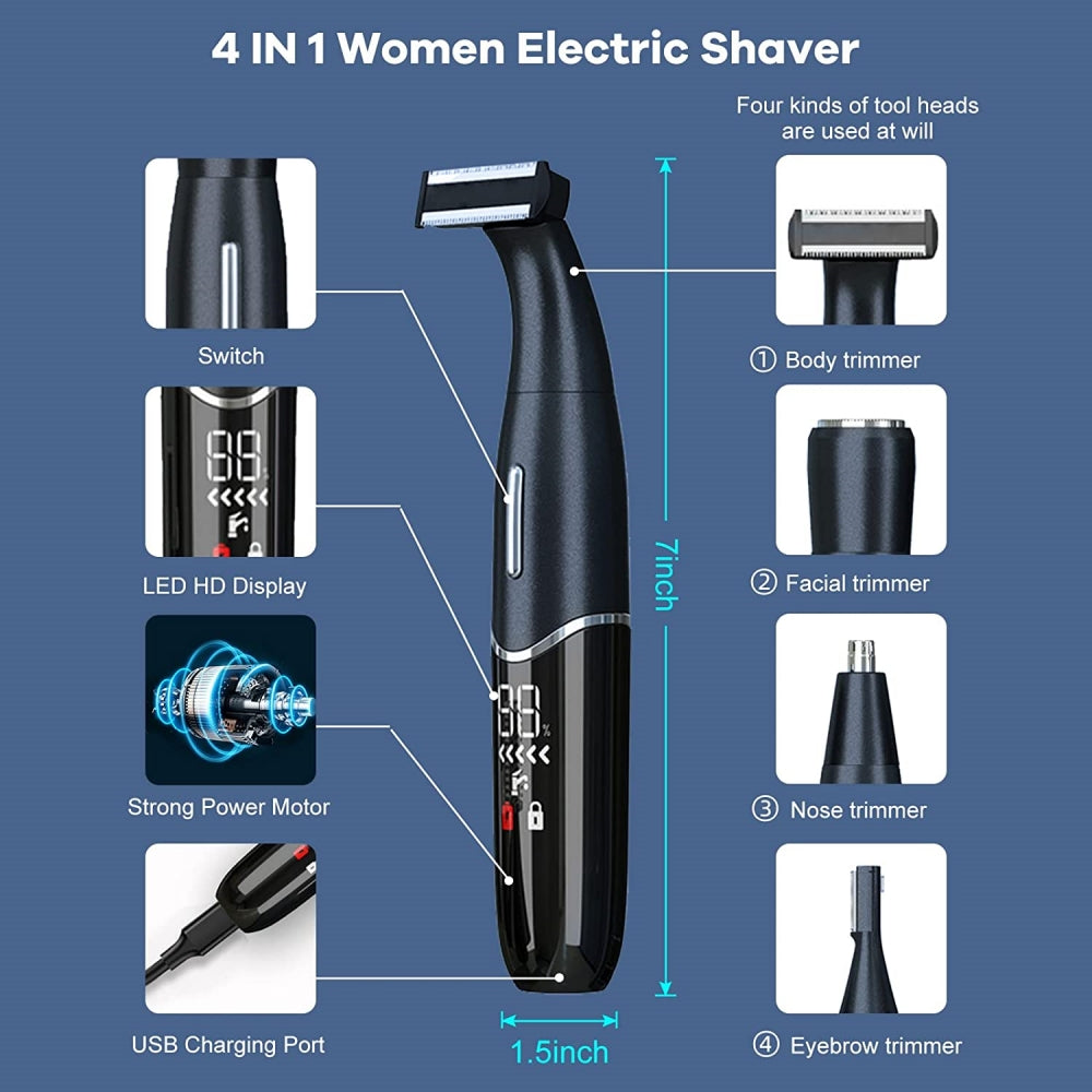 Electric Razor for Women , USB Rechargeable Waterproof 4 in 1 Electric Shaver Set for Eyebrow Face Nose Legs Underarms and Bikini Line