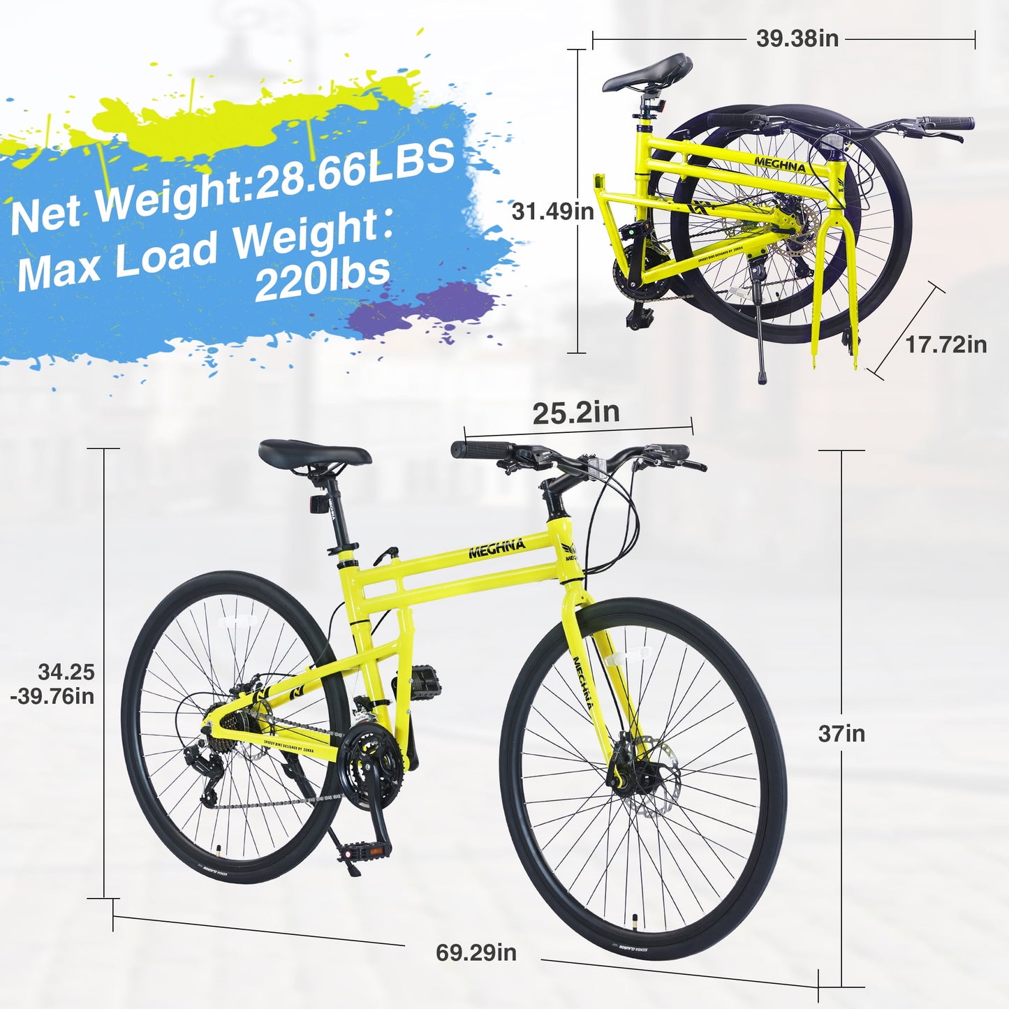 Folding Hybrid Bike 21 Speed 700C Road Bike Aluminium Alloy City Bicycle for Men Women, Yellow