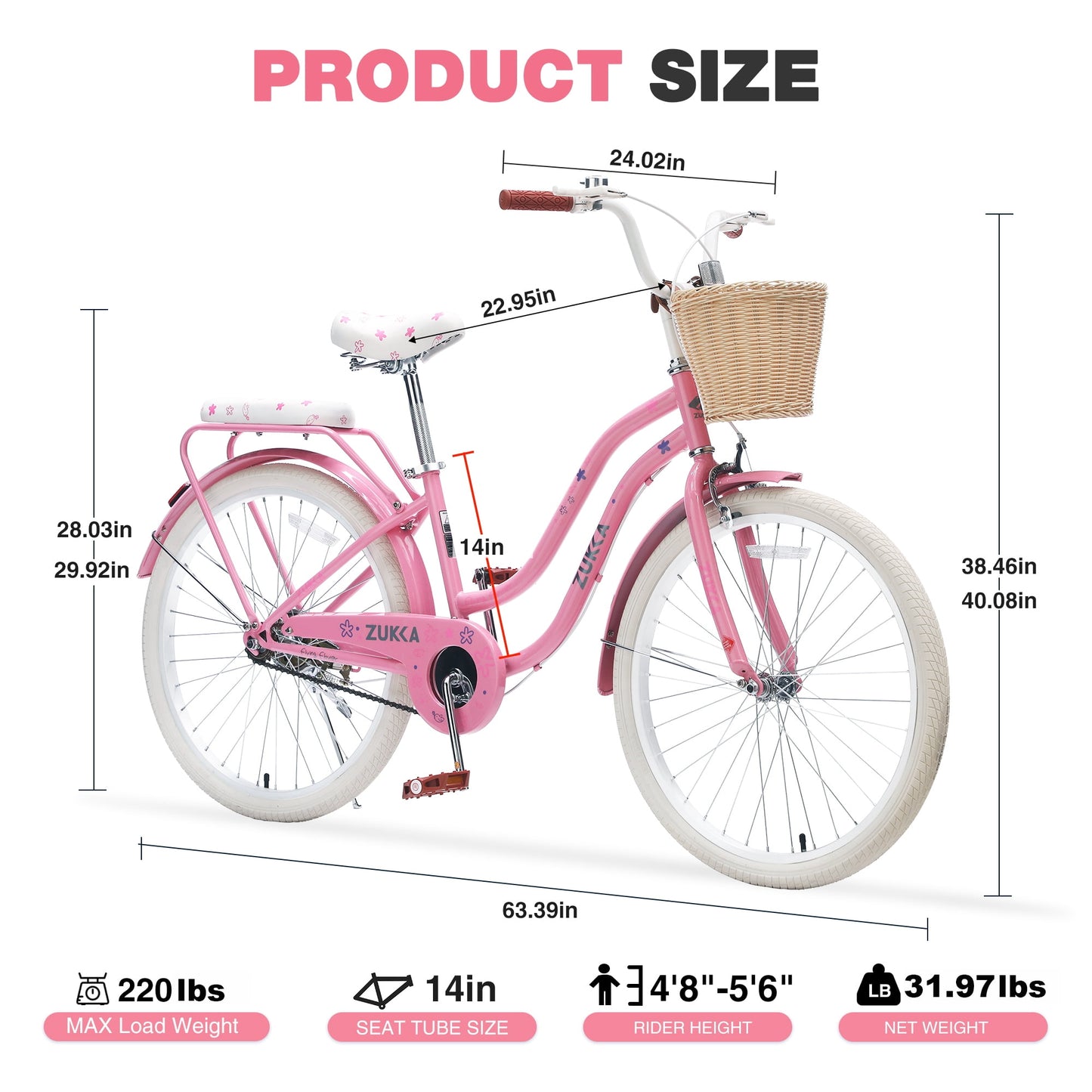 Tyethy Women Bike 24" Single Speed City Comfort Bicycle with Basket for 14+ , Pink