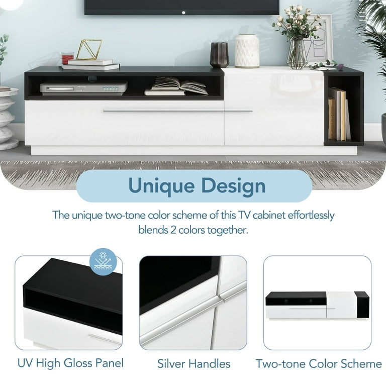 TV Stand for TVs up to 70", Chic Style Entertainment Center with Large Drawer Storage, UV High-Gloss Media Console TV Cabinet, White