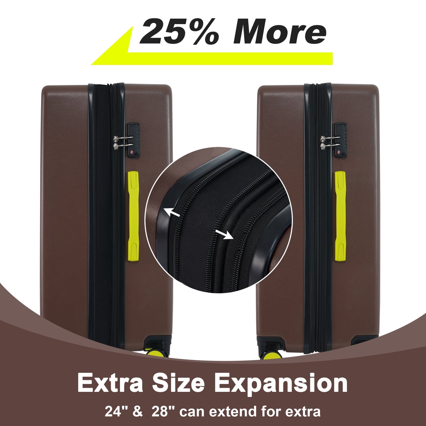 3 Piece Hardside Luggage Set with Spinner, TSA Lock , 20" 24' 28" ,Brown Contrast Color