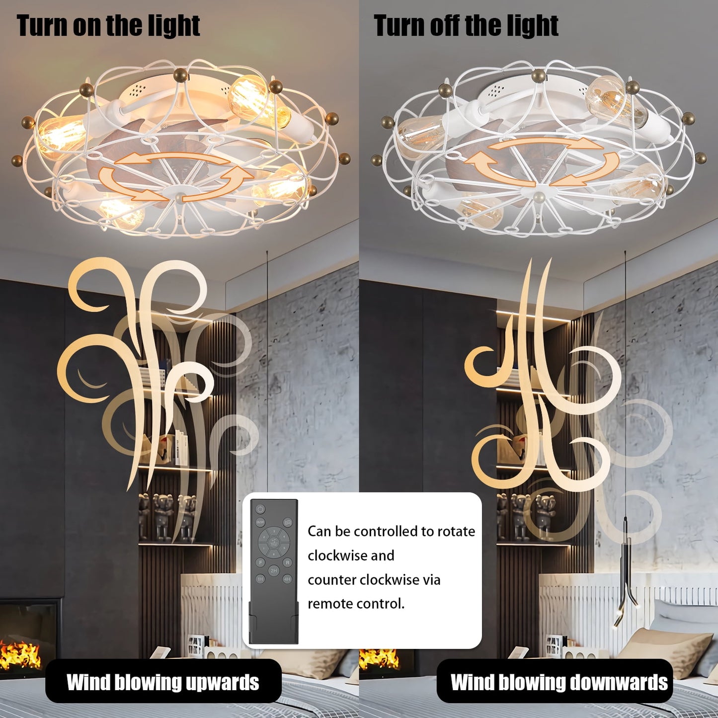 Low Profile Caged Ceiling Fan with Lights Remote Control, Embedded Modern Industrial Farmhouse Ceiling Fan for Bedroom, Kitchen, White