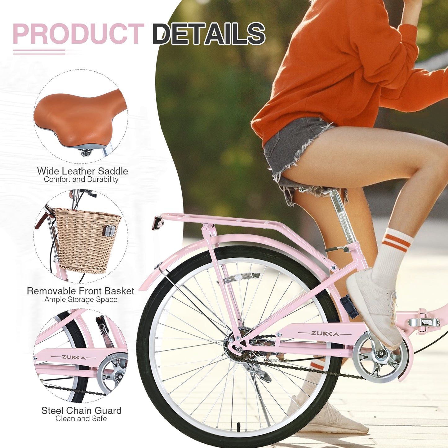 Tyethy Beach Cruiser Bike 22" Commuter Bicycle for Adults Womens, 7-Speed Steel Frame Comfortable City Bikes with Rear Rack and Basket, Pink