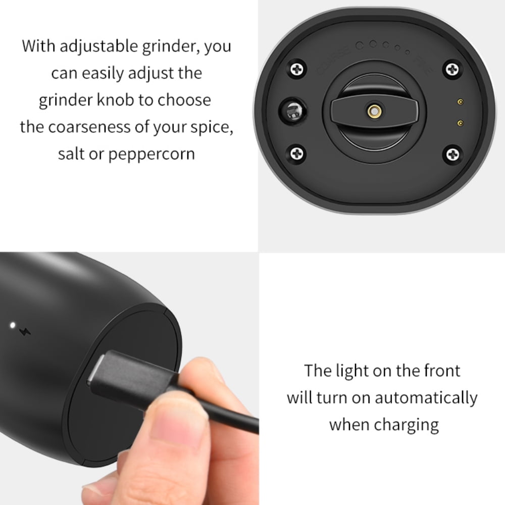 Electric Salt and Pepper Grinder Set, Automatic Salt & Pepper Mill Refillable with Charging Base, USB Cables, 2 Adjustable Coarseness Mills, One Hand Operation, LED Light