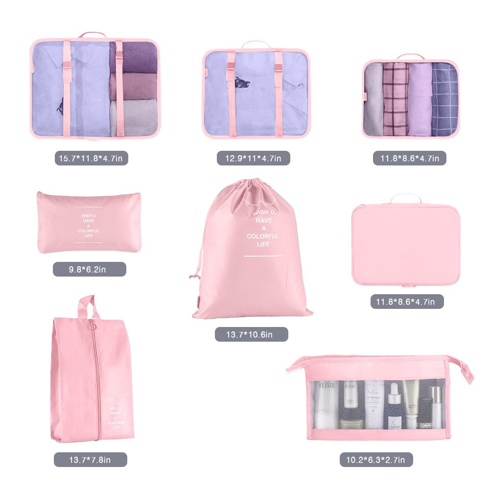 Packing Cubes for Travel, 8 Pcs Foldable Set Lightweight Luggage Organizers with Large Storage Bag for Clothes Shoes, Portable Toiletry Bag for Girls (Pink)