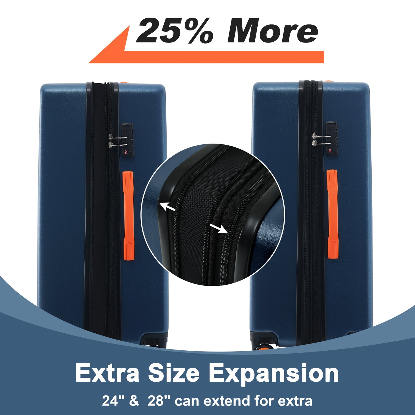 3 Piece Hardside Luggage Set with Spinner, TSA Lock , 20" 24' 28" ,Navy Blue Contrast Color