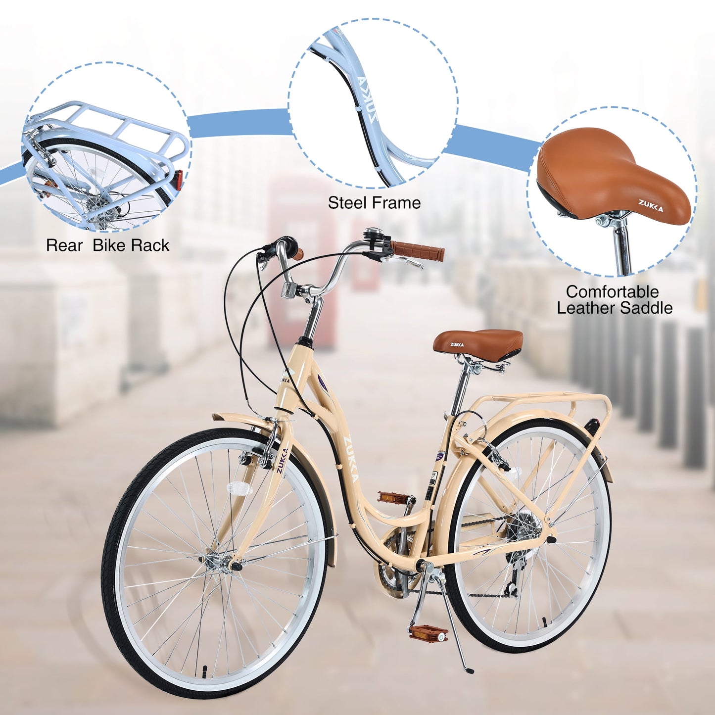 26" Womens Bike 7 Speeds Steel Frame Beach Cruiser Bike Comfort Ladies City Bike, Beige
