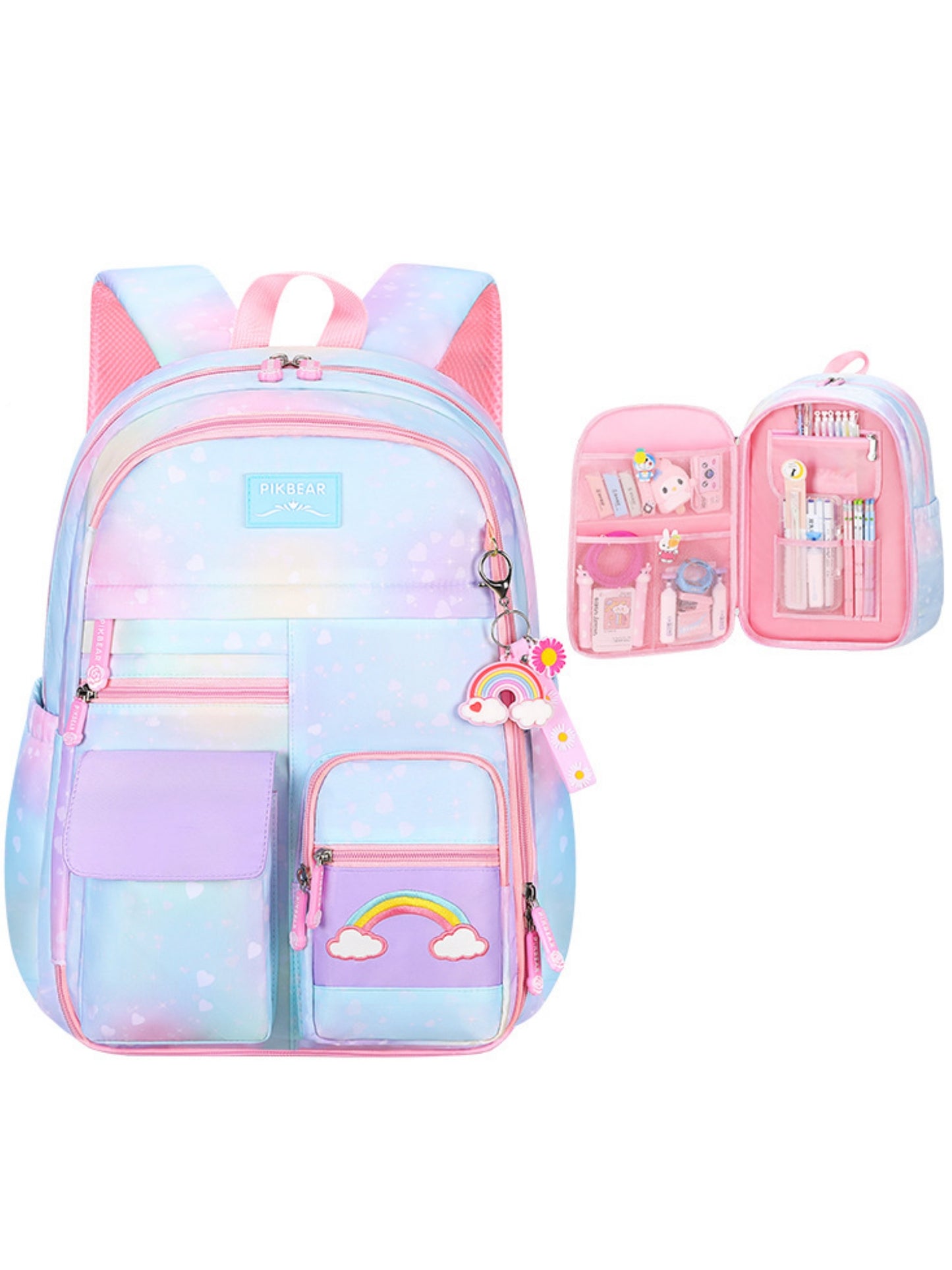 Girls Backpack, Large Capacity Lightweight Nylon School Backpack with Compartments, Cute Rainbow Refrigerator Design Elementary School Bag for Teen Girls, Pink
