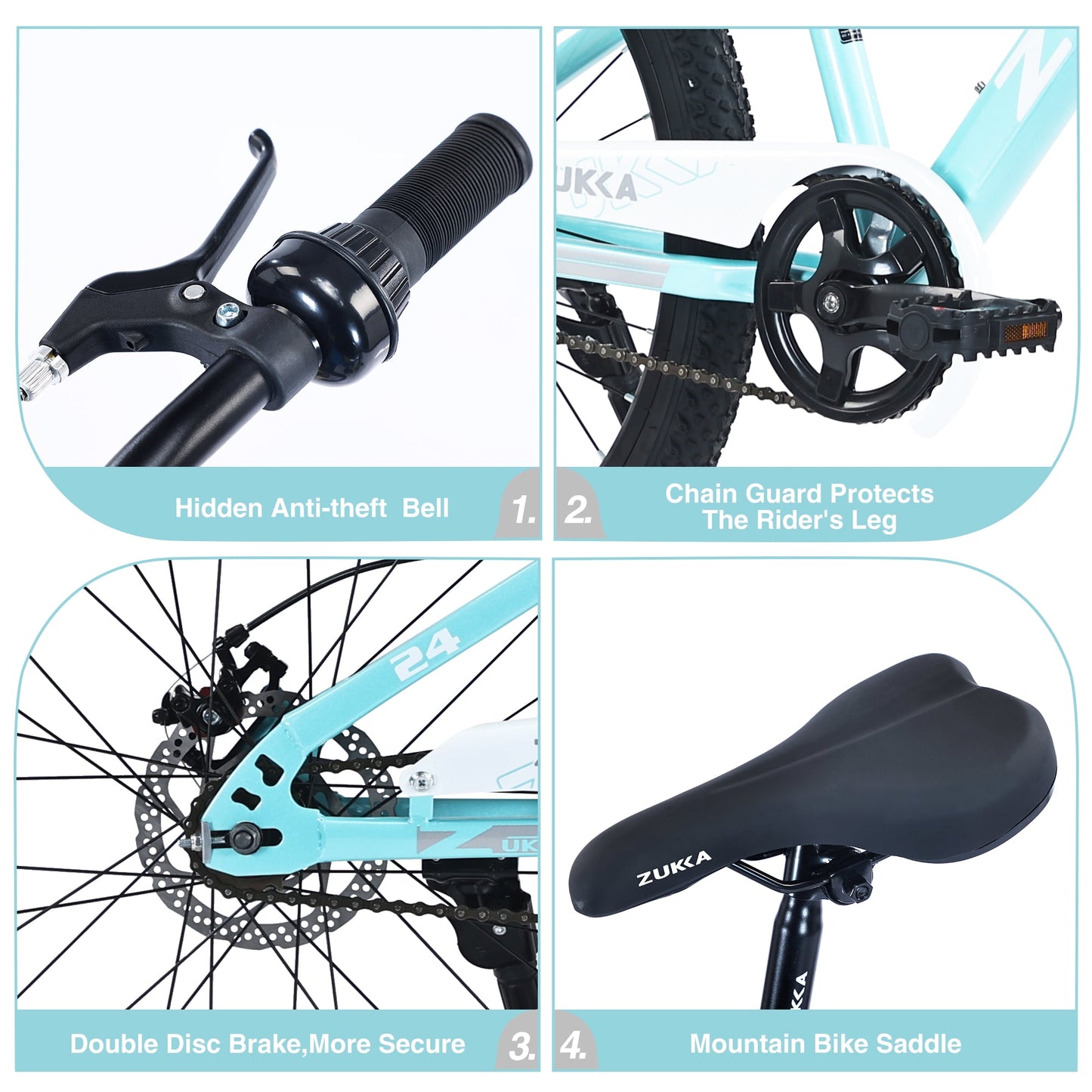 Tyethy 24" Mountain Bike for Girls, Steel Frame Kids MTB Children Bicycle for Boys Age 9-12, Cyan
