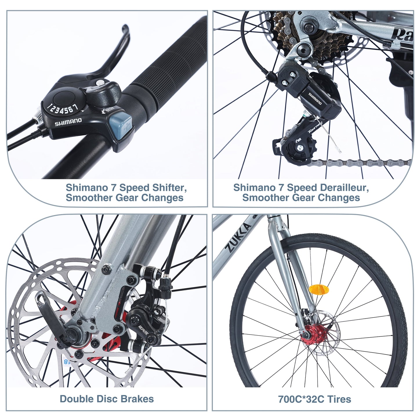 700C Hybrid Bikes 7 Speeds Steel Frame Road Bike Adult City Bicycle with Dual Disc Brakes for Men Women, Light Blue