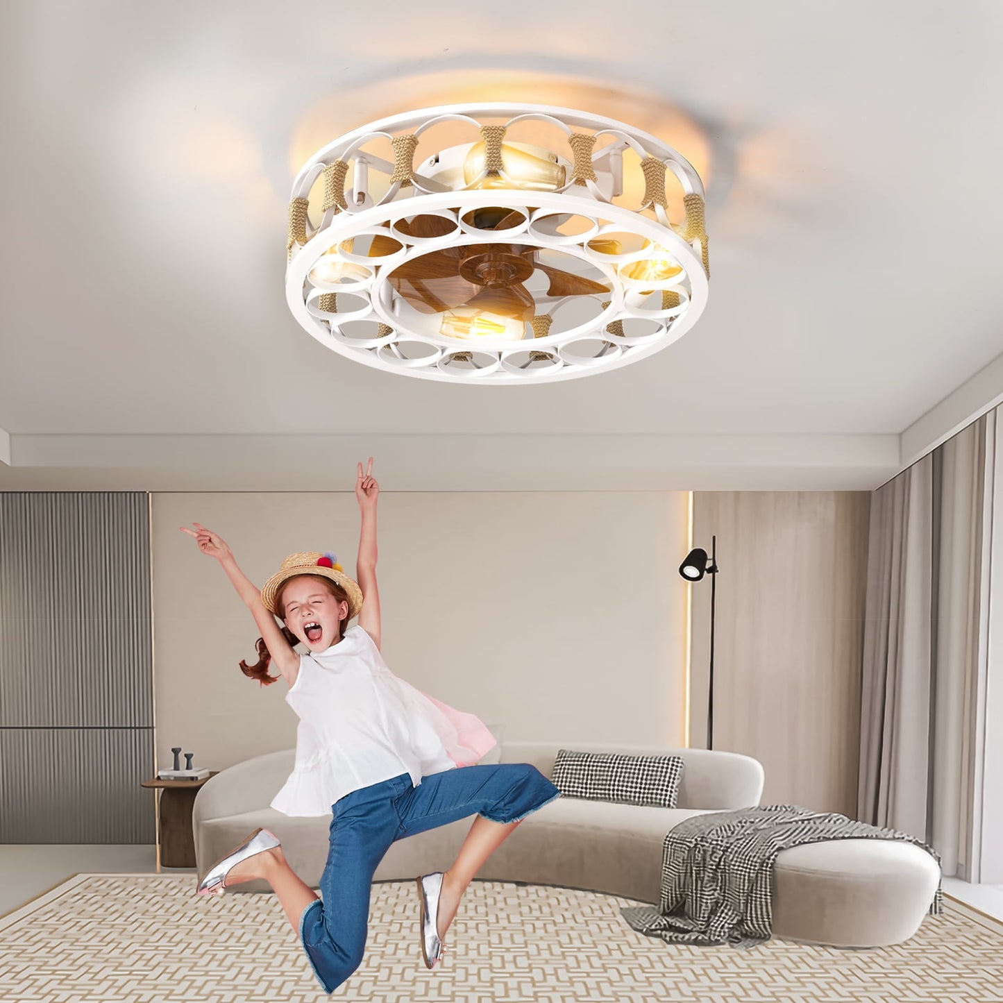 Ceiling Fan with Light and Remote Control, Flush Mount Ceiling Fan, Indoor Retro Low Profile Caged Ceiling Fan with 5 Bulbs for Living Room, Bedroom, Kitchen