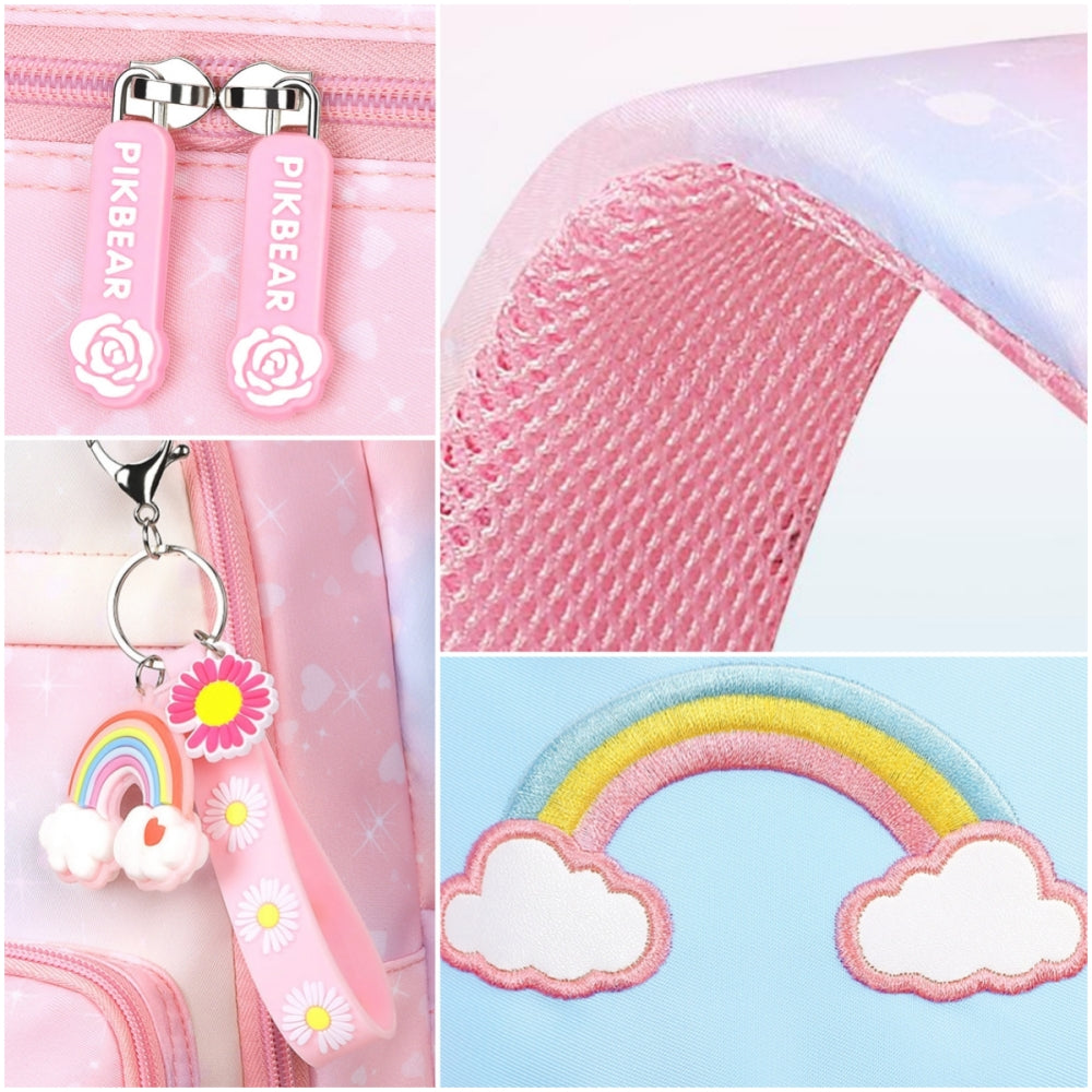 Girls Backpack, Large Capacity Lightweight Nylon School Backpack with Compartments, Cute Rainbow Refrigerator Design Elementary School Bag for Teen Girls, Pink