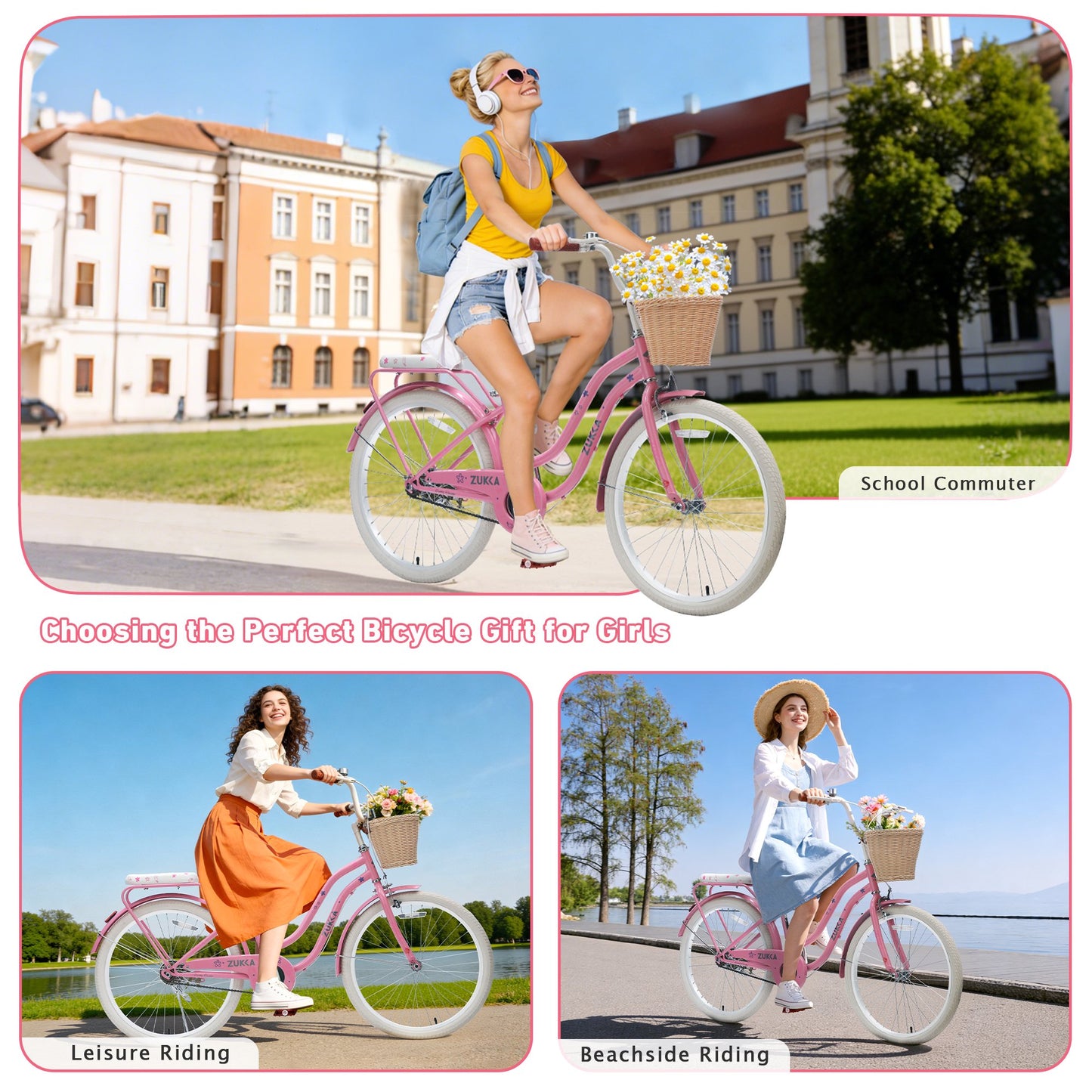 Tyethy Women Bike 24" Single Speed City Comfort Bicycle with Basket for 14+ , Pink