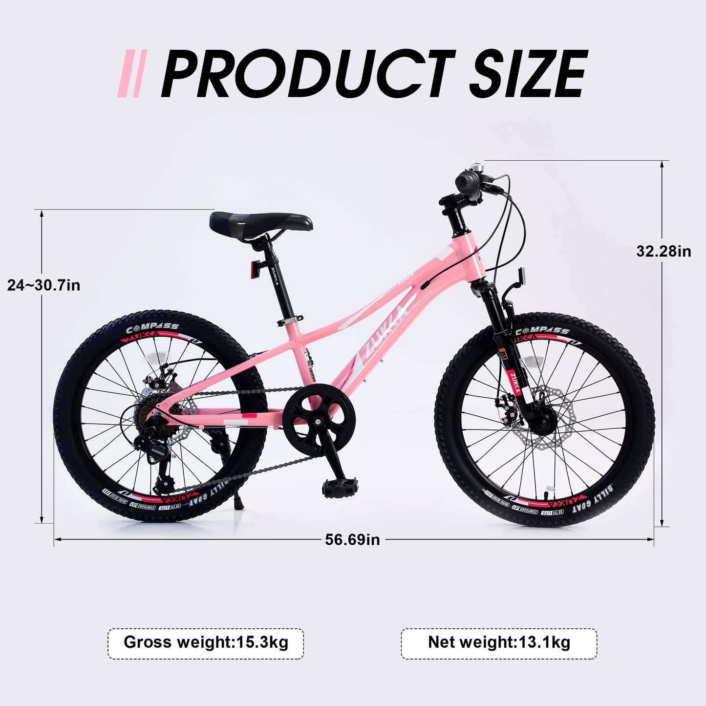 Mountain Bike 20" for Girls, Carbon Steel Frame 7-Speeds Shimano Kids Mountain Bike Youth Bicycle for 5- 12 YO, Pink