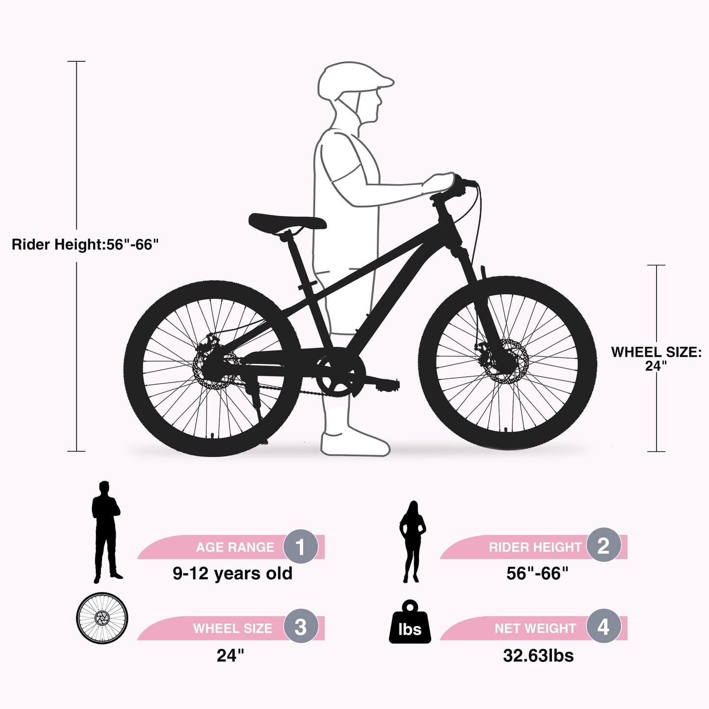 Kids Bike 24" Kids Mountain Bikes for Girls, Steel Frame Single Speed Children Youth Bicycle for 9-12 Years, Pink