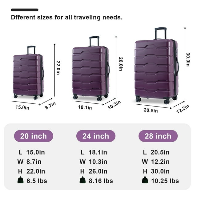 Luggage Set, 3 Pcs Expandable ABS Hardshell Suitcase Luggage Set with Spinner Wheels TSA Lock for Travel Business, 20"24"28", Deep Purple
