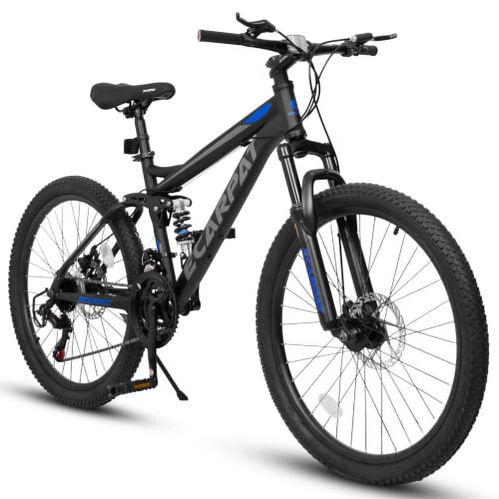 Raistyw 26 inch Mountain Bike for Men, 21-Speed Full Suspension High Carbon Steel Frame Disc Brakes Bicycles ,Black and Blue