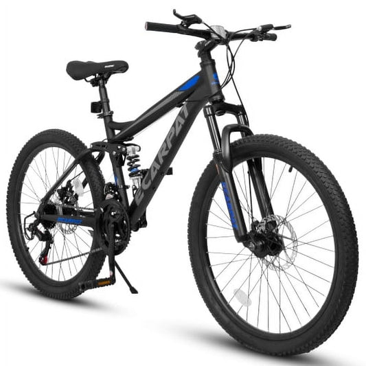 Raistyw 26 inch Mountain Bike for Men, 21-Speed Full Suspension High Carbon Steel Frame Disc Brakes Bicycles ,Black and Blue
