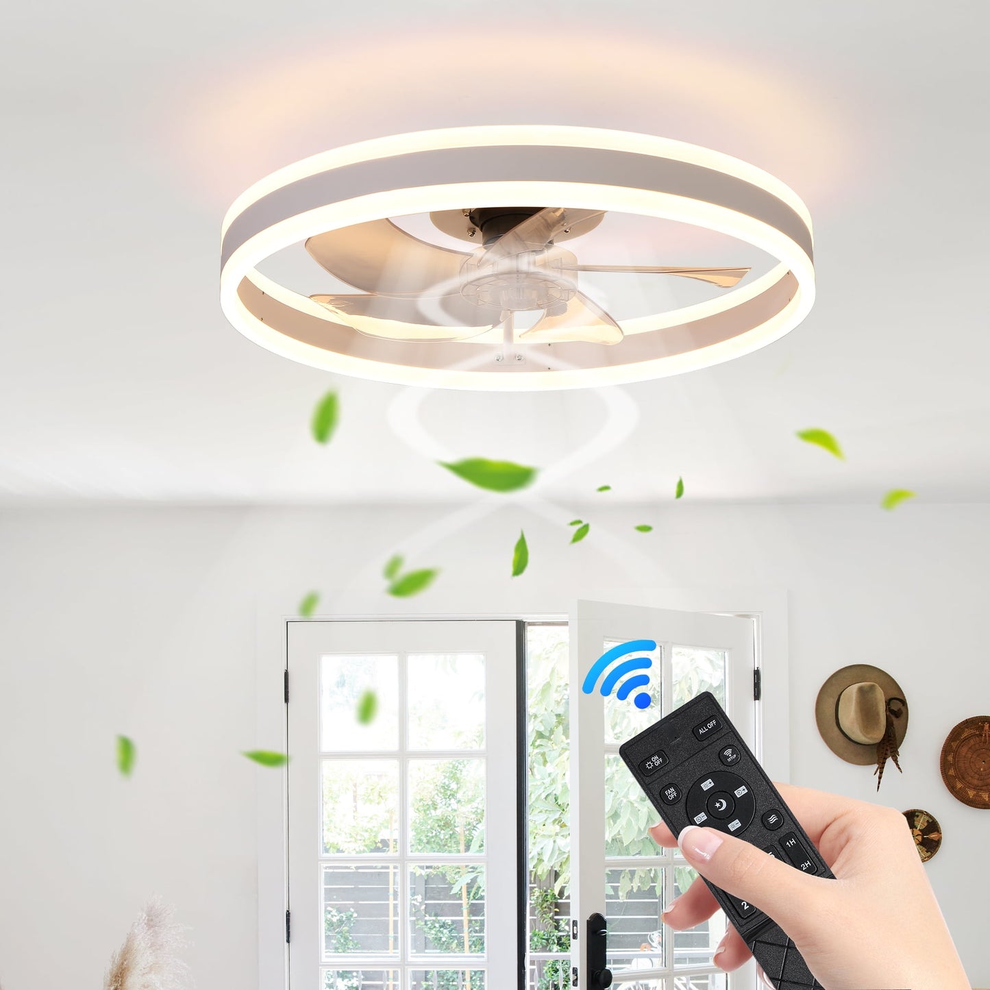 Baprem Ceiling Fan with Light Remote Controls Dimmable LED Chandelier 6-Speeds Quiet Flush Mount Ceiling Fan for Living Room Bedroom Dining Room