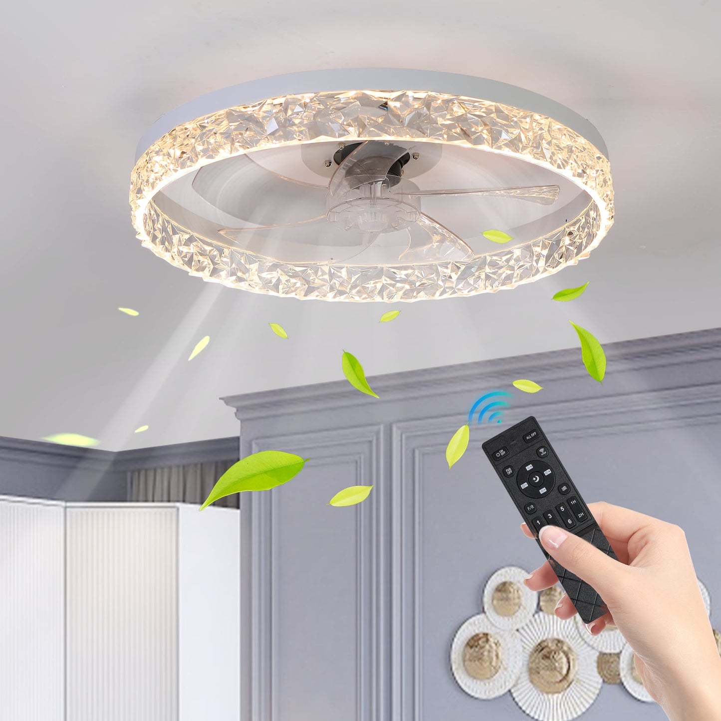 Baprem Ceiling Fan with Light Remote Controls Dimmable LED Chandelier 6-Speeds Quiet Flush Mount Ceiling Fan for Living Room Bedroom Dining Room