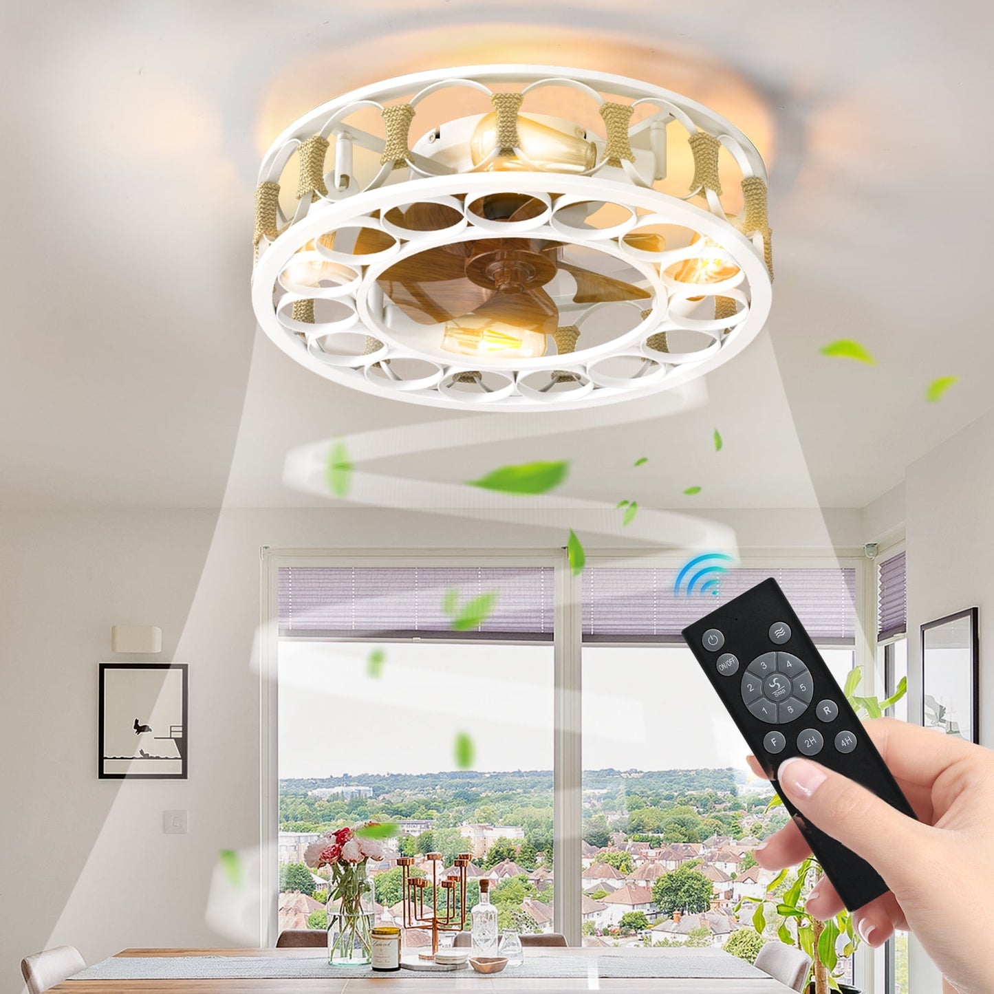 Ceiling Fan with Light and Remote Control, Flush Mount Ceiling Fan, Indoor Retro Low Profile Caged Ceiling Fan with 5 Bulbs for Living Room, Bedroom, Kitchen
