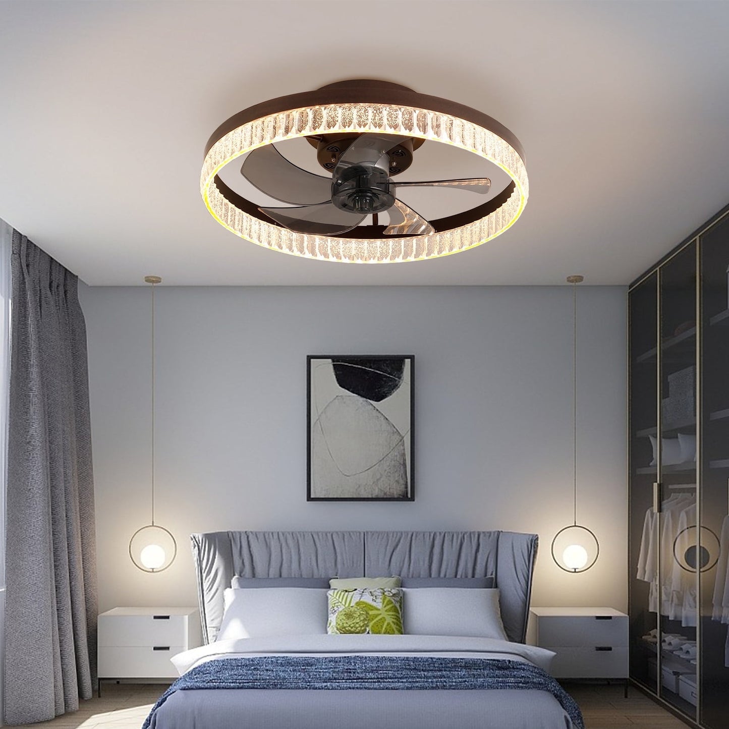 19.8" Ceiling Fan with Lights Remote Control, Modern Flush Mount Ceiling Fan with Dimmable LEDs, Low Profile Fan with Reversible Blades for Bedroom Living Room Kitchen