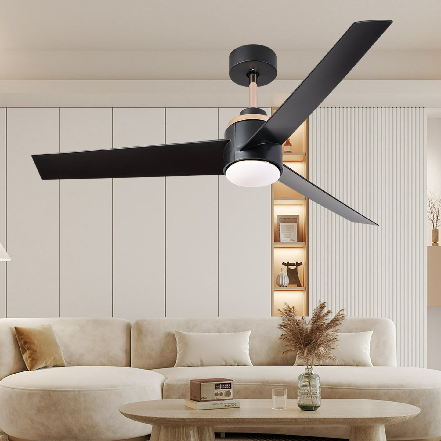 Ceiling Fans with Lights Remote Control, 52" Modern Ceiling Fan with 3 Blades for Indoor Outdoor Patio Farmhouse Bedroom, Black